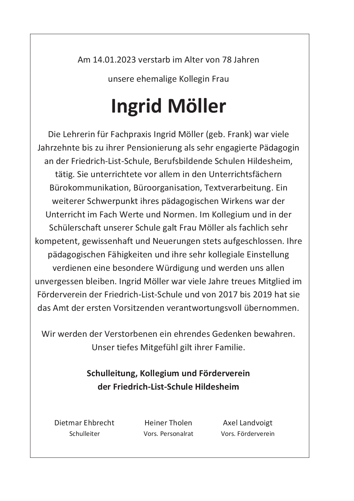 Traueranzeige Ingrid Möller 2023 02 01
